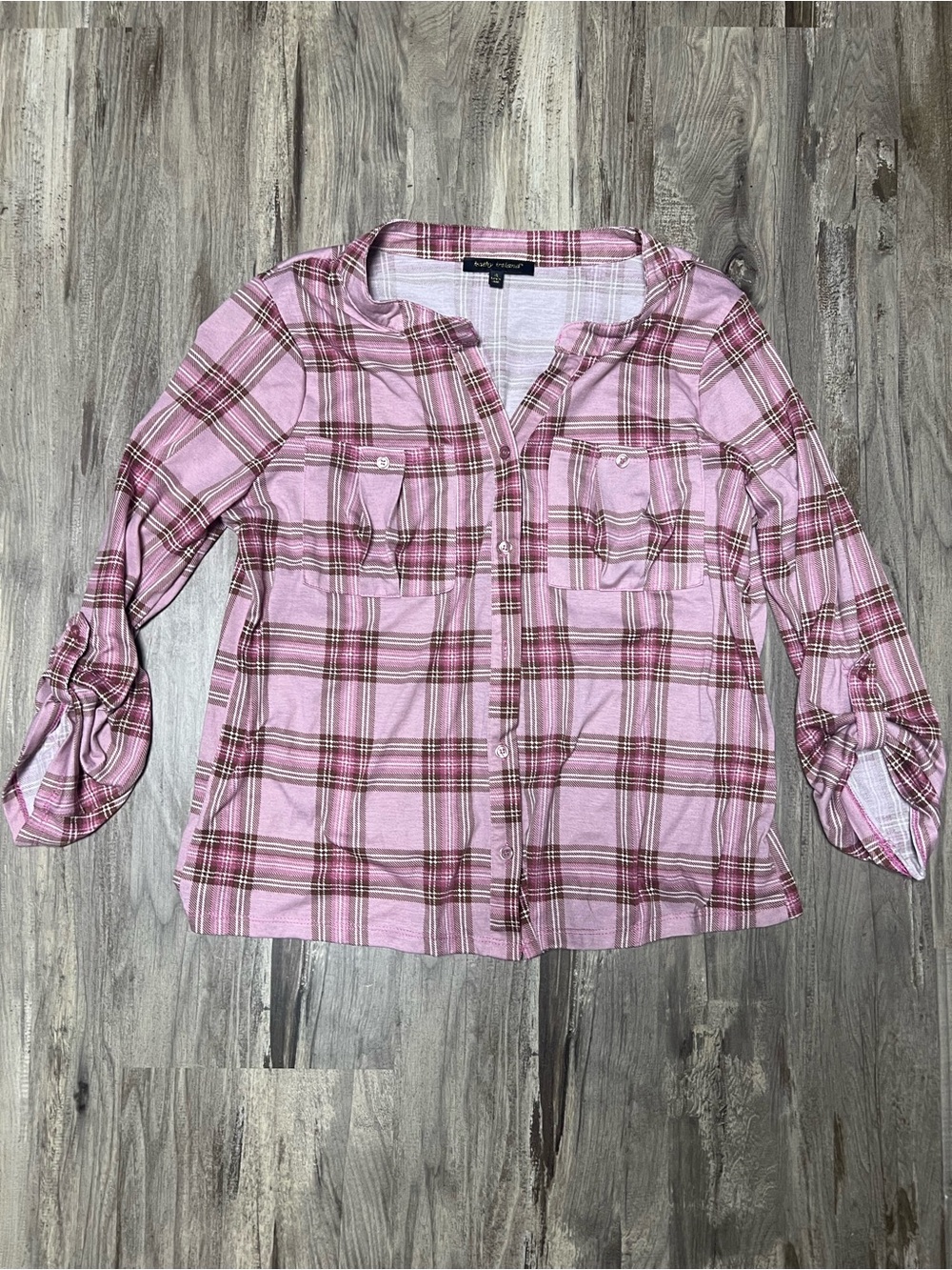kathy ireland Pink and Brown Plaid Button-Up Top